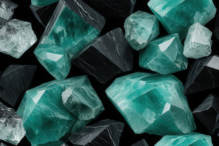 Green and blue gemstones on a black background. 3d renderingの素材