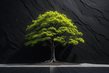 3D rendering of a green tree in a dark room with black backgroundの素材