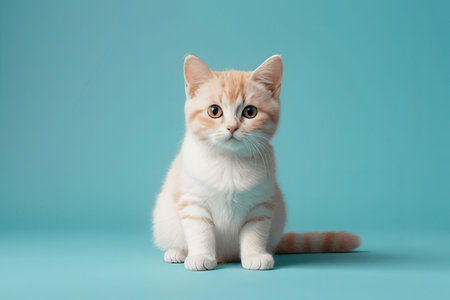 Studio photography of a scottish straight shorthair cat on colored backgroundsの素材