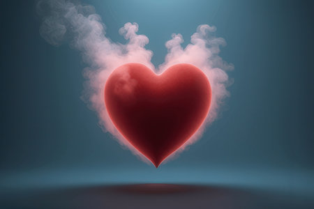 Red heart with smoke on blue background. Love concept. 3D Renderingの素材