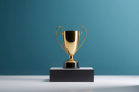 Golden trophy cup on blue background. 3d render concept of successの素材