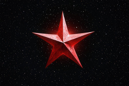 Red star on a starry sky background. 3D rendering.の素材