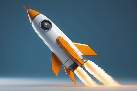 Rocket on blue background. 3D illustration. 3D rendering.の素材
