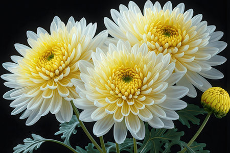 White chrysanthemums on a black background, close-upの素材