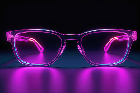 Glasses with blue and pink neon lights. 3D rendering.の素材