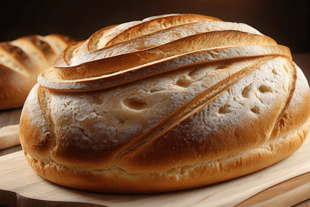 Freshly baked bread on cutting board, closeup. Bakery products