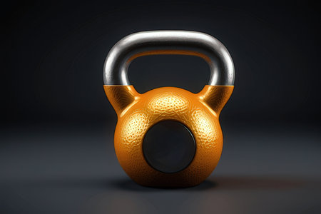 Golden kettlebell on black background. 3D illustration. Sport concept.の素材