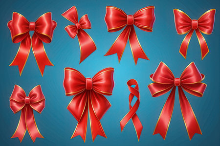 Set of red bows with ribbons on blue background. Vector illustration.の素材