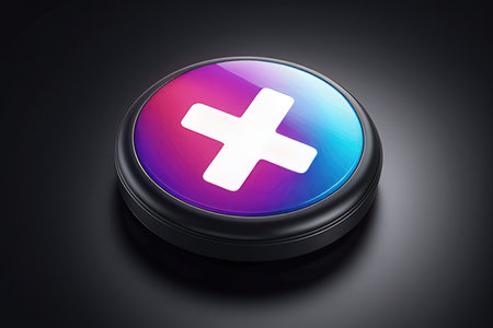 3d illustration of cross button over black background with vignetteの素材