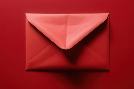 Red envelope on a red background. Top view. Copy space.の素材