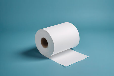 Toilet paper roll isolated on blue background. 3d illustration.の素材