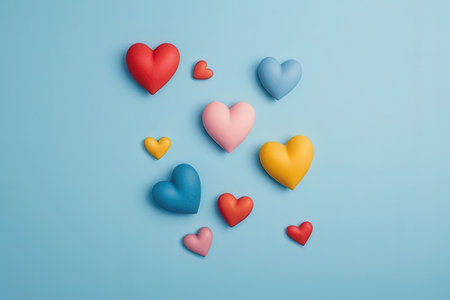 Colorful hearts on blue background, valentine's day backgroundの素材