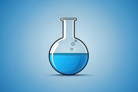 Laboratory glassware with blue liquid on blue background. Vector illustration.の素材