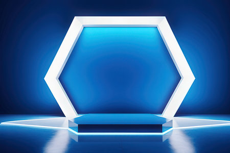 Abstract blue background with empty podium, 3d render, square frameの素材