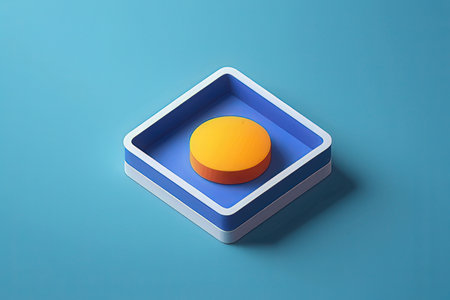 3d rendering of an orange button in a blue box on a blue backgroundの素材