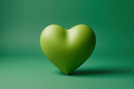 Green heart on a green background. 3D rendering. Copy space.の写真素材