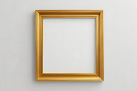 Golden picture frame on a white wall. 3d render illustration.