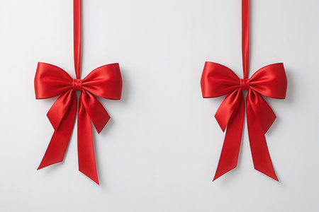 Red bows on white background, top view. Festive gift conceptの写真素材