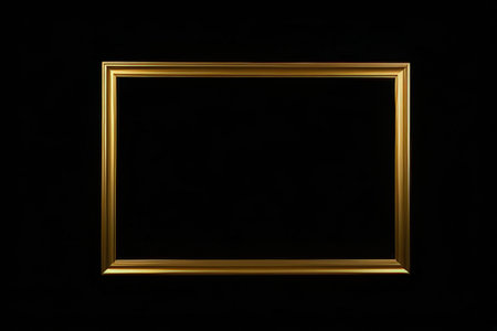 Gold picture frame on black background. 3d rendering. Computer digital drawing.