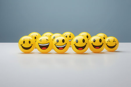 3D illustration of yellow smileys with different emotions standing in a rowの写真素材