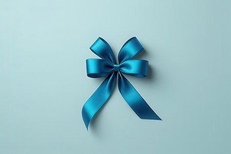 Blue bow on blue background, top view. Festive gift conceptの写真素材