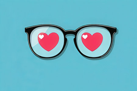 Retro eyeglasses with heart shape on blue background. Love conceptの写真素材