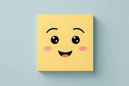 Yellow sticky note with happy face on blue background, 3d rendering