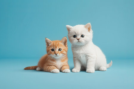 Two cute kittens sitting on blue background. Studio shot. Copy space.