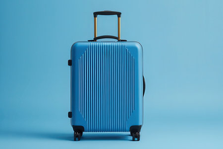 Blue suitcase on blue background. Travel concept. Minimal style.の写真素材