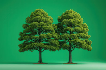 Two green trees on a green background. 3d render illustration.の写真素材