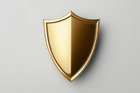 Golden shield on a gray background. 3d render. Security concept