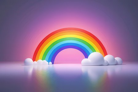 Rainbow and white clouds on purple background. 3D rendering.の写真素材
