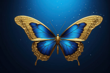Illustration of a beautiful butterfly on a blue background with stars.