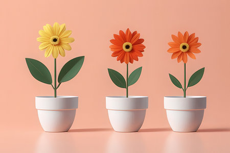 3d render of four flower pots with orange and yellow daisiesの写真素材