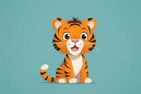 Cute cartoon tiger on blue background. Vector illustration for your designの写真素材