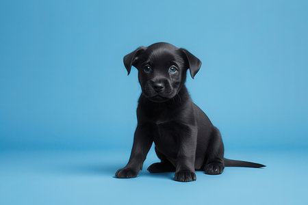 Studio shot of a cute black Labrador puppy sitting on blue background.