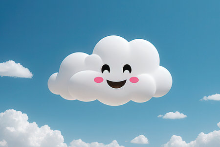 Cute cloud with happy face on blue sky background. 3D renderingの写真素材