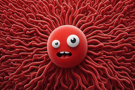 Funny red virus with big eyes on red background. 3d illustrationの写真素材