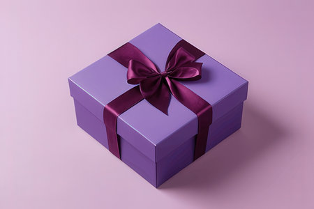 Purple gift box with bow on pink background. 3d rendering
