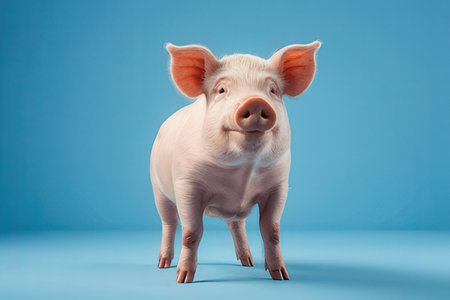 Studio portrait of a cute pig on a blue background. The pig is standing and looking at the camera.の写真素材