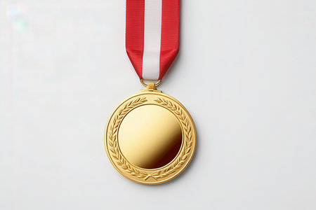 Gold medal with red ribbon on a white background. 3d renderingの写真素材