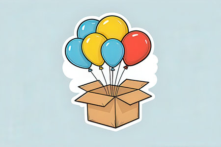 Illustration of a box with colorful balloons flying out of it.の写真素材