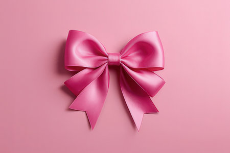 Pink bow on pink background. Flat lay, top view, copy space