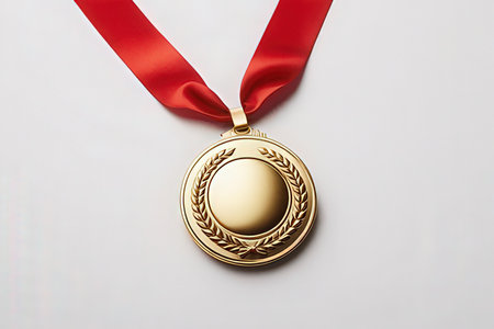 Gold medal with red ribbon on a white background. 3d renderingの写真素材
