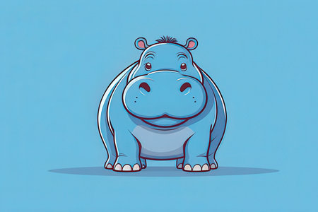 Cute cartoon hippo on a blue background. Vector illustration.の写真素材