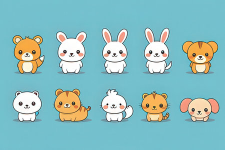 Cute cartoon animals set. Vector illustration of a cute animal collection.の写真素材