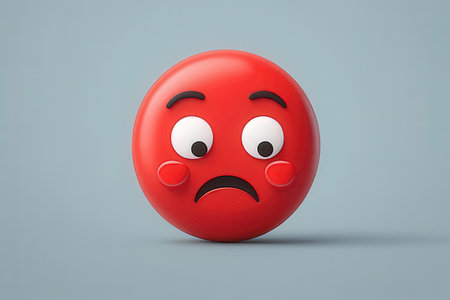 Red emoticon with a sad face on a blue background. 3d renderingの写真素材