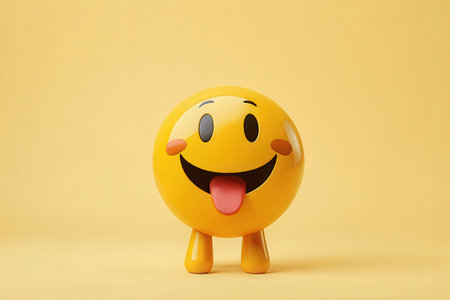 Smiling yellow emoticon on yellow background. 3d illustration.の写真素材