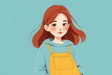 portrait of a pretty young woman in a yellow apron on a blue backgroundの写真素材
