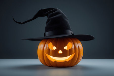 Halloween pumpkin with witch hat on dark background. 3D rendering